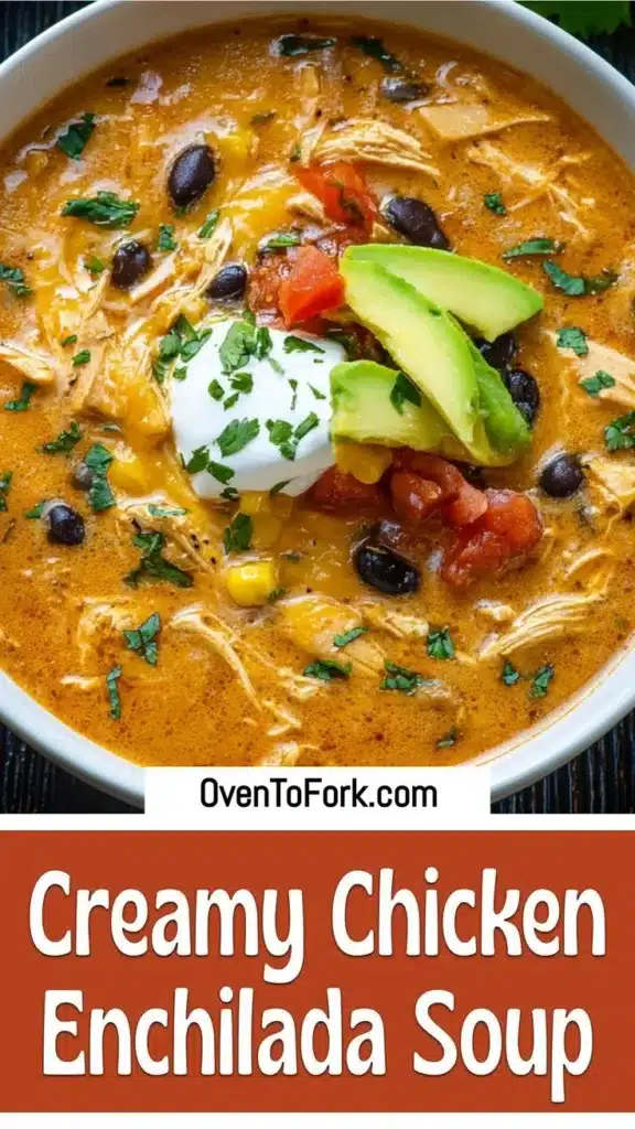 Bowl of creamy Chicken Enchilada Soup garnished with cilantro and cheese