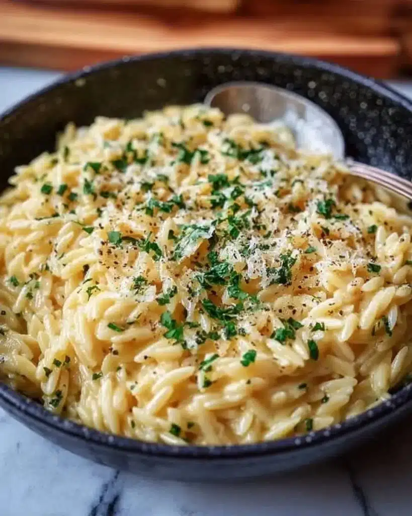 Creamy garlic parmesan orzo cooked with rich flavors and creamy texture.