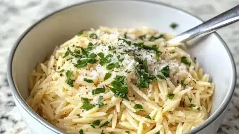 Delicious creamy roasted garlic parmesan orzo served in a bowl