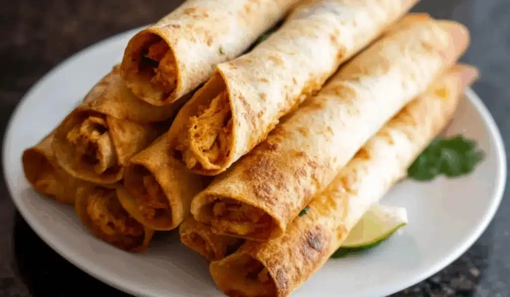Crispy oven-baked chicken taquitos served on a plate with salsa.