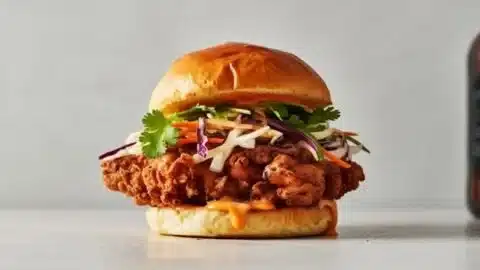 Crispy Thai Fried Chicken Sandwich topped with fresh herbs and spices