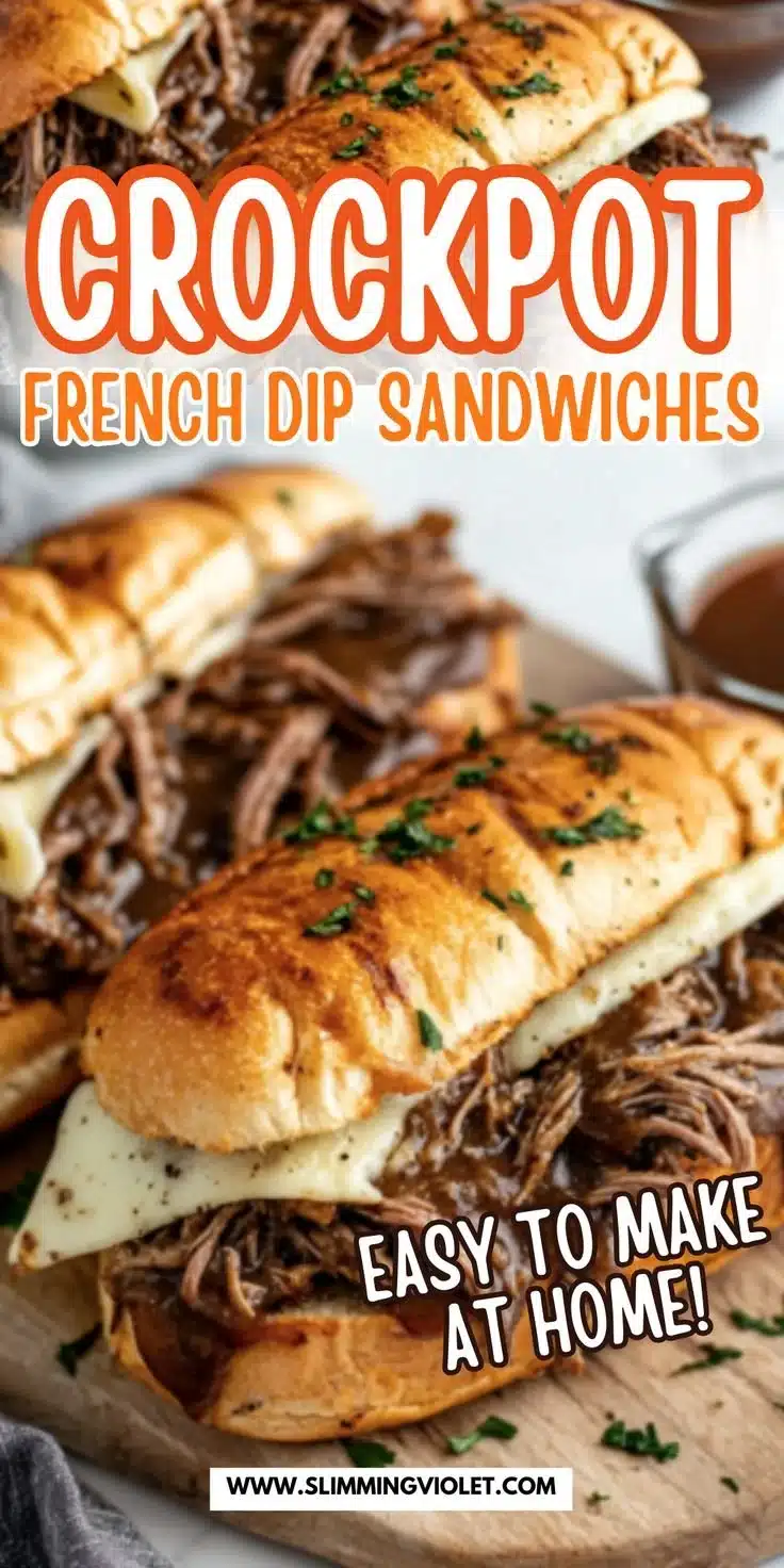 Crockpot French Dip Sandwiches with beef and melted cheese on a toasted roll