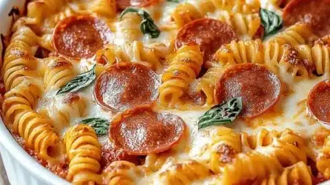 Cheesy pizza pasta casserole with toppings, perfect for family dinner.