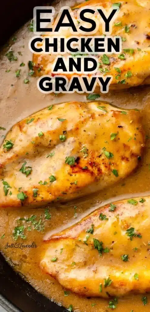 Plate of easy chicken and gravy with mashed potatoes and vegetables
