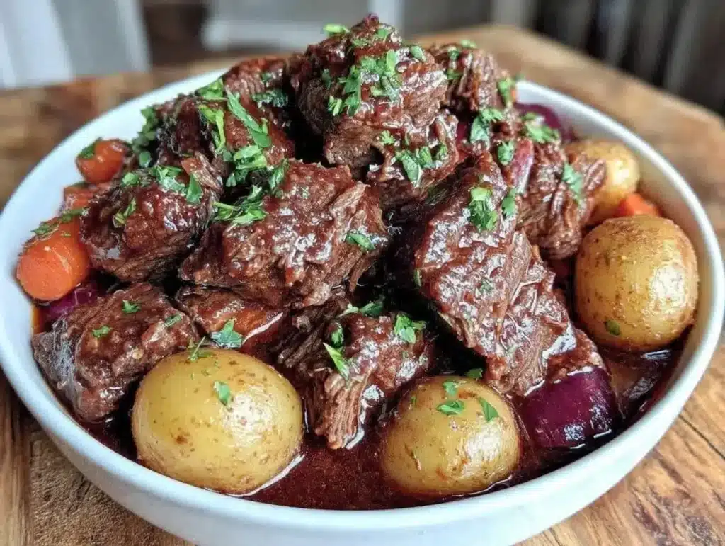 Delicious easy crockpot beef stew garnished with fresh herbs in a bowl.