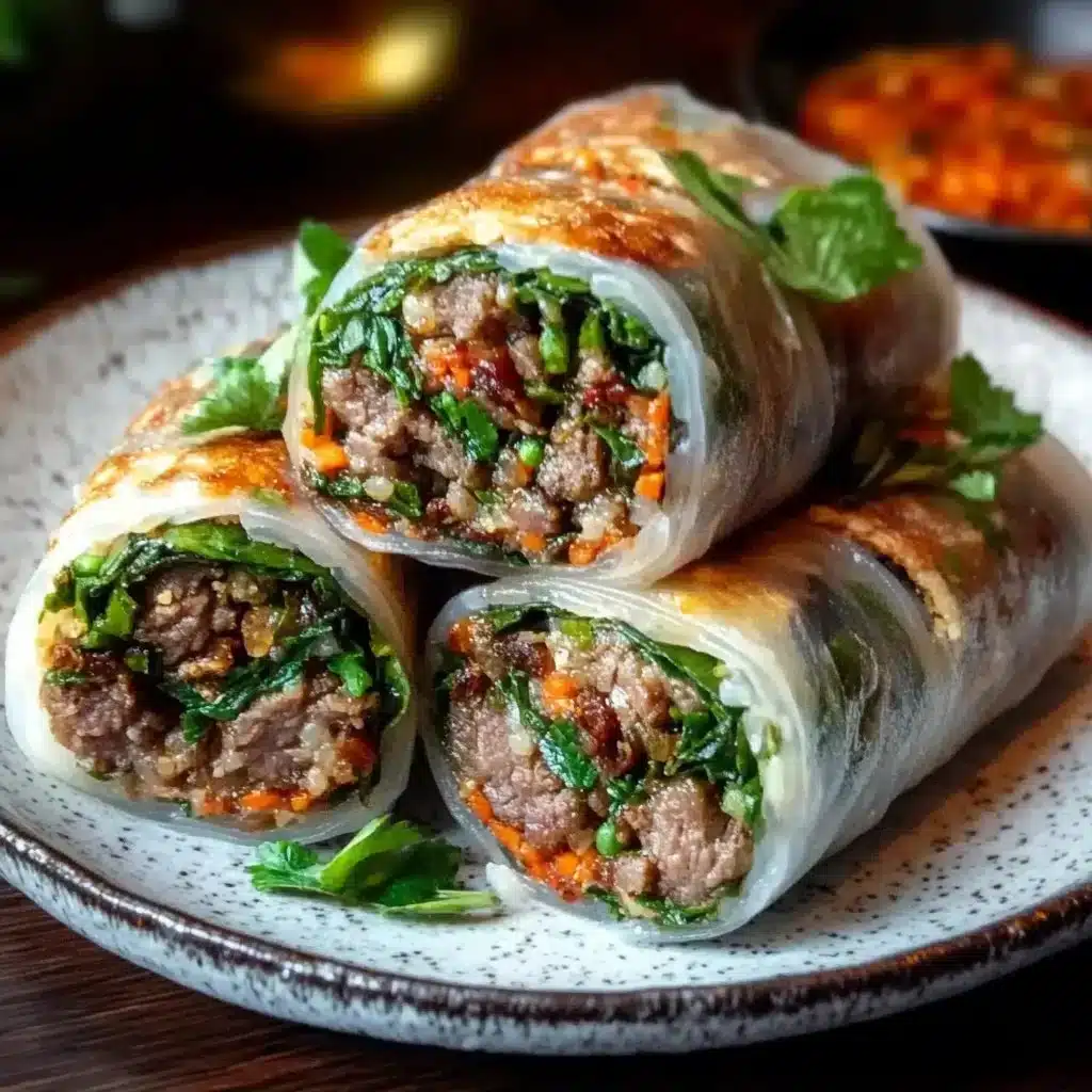 Delicious Thai Basil Beef Rolls served on a plate, garnished with fresh basil.