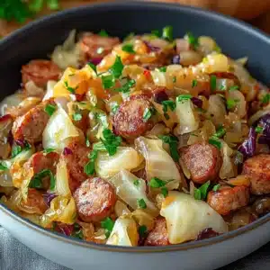 Flavorful Sausage and Cabbage Stir Fry Recipe 2 Delicious sausage and cabbage stir fry on a plate ready to be served