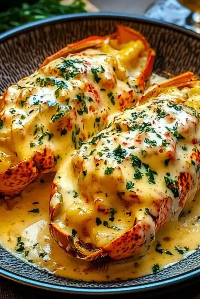 Plate of French Lobster Thermidor, a gourmet seafood dish with creamy sauce.