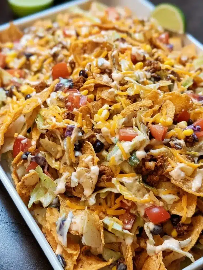 Frito Cowboy Cabbage served in a bowl with Fritos and cheese on top