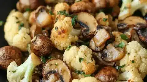 Healthy garlic cauliflower mushroom skillet dish cooked in a frying pan