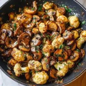Garlic Mushrooms Cauliflower Skillet Recipe for Easy Dinners 2 Garlic mushrooms and cauliflower skillet dish for easy dinner recipes.