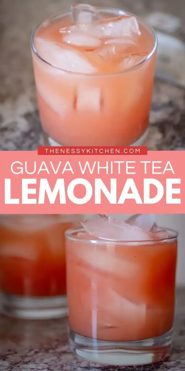Glass of Guava White Tea Lemonade with fresh lemons and guava slices