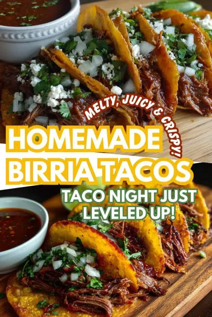 Delicious homemade Birria Tacos served with consome and fresh toppings