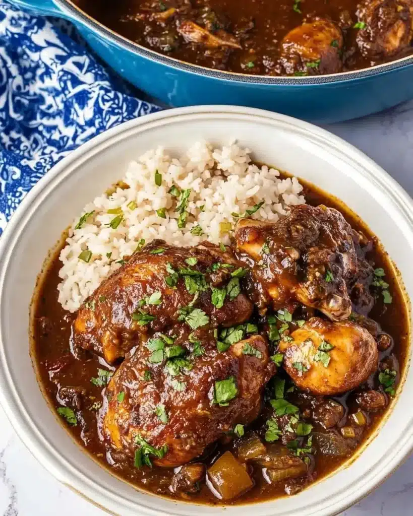 Delicious Jamaican Brown Stew Chicken served with rice and peas.