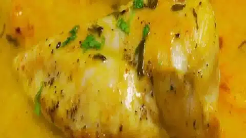Delicious lemon sauce drizzled over grilled chicken breast.