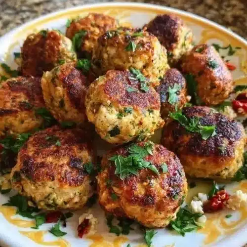 Mediterranean Chicken Meatballs 2 Plate of Mediterranean Chicken Meatballs with herbs and spices.