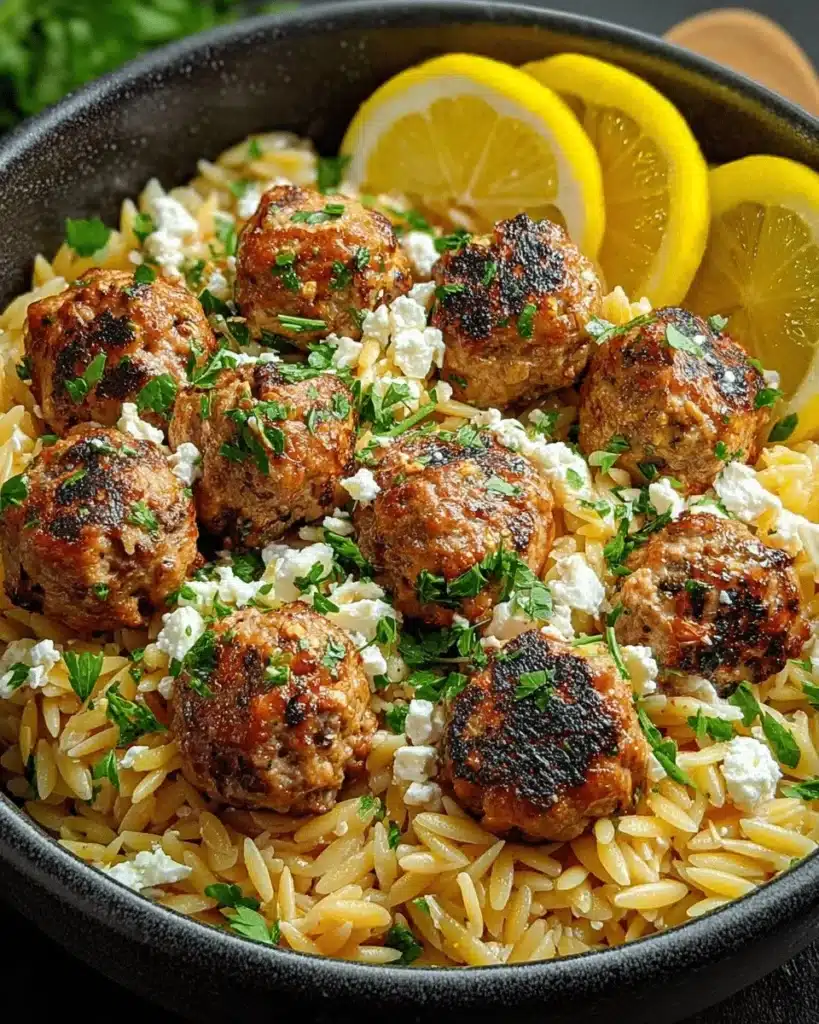 One-Pan Greek Chicken Meatballs served with Lemon Orzo on a plate