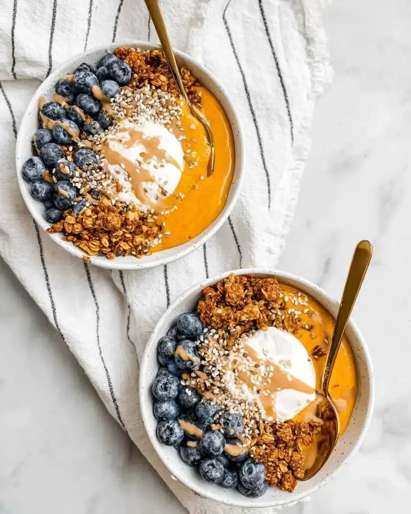 Paleo sweet potato breakfast bowl topped with nuts and berries