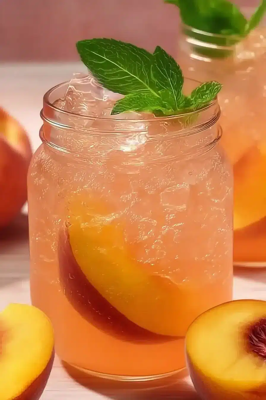 Homemade Peach Lemonade served in a glass with fresh peaches and lemons