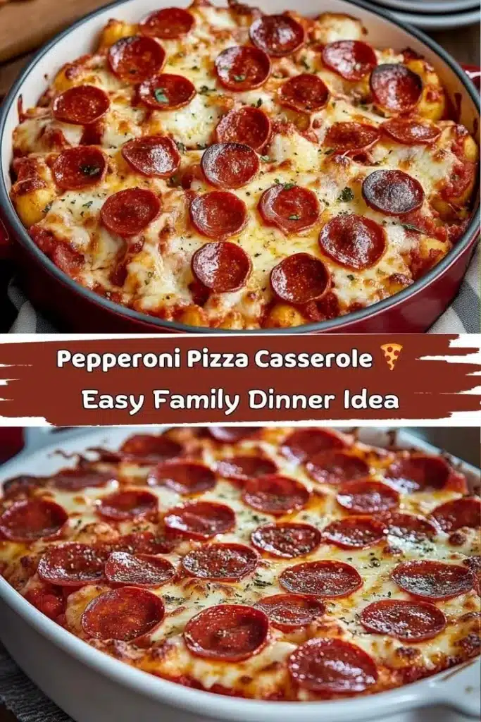 Cheesy pepperoni pizza casserole baked to perfection in a golden crust