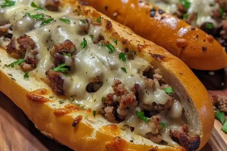 Philly Cheesesteak Garlic Bread 2 Homemade Philly cheesesteak garlic bread topped with cheese and beef