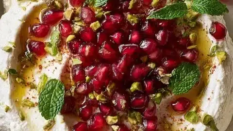 Pomegranate Pistachio Whipped Feta served in a bowl with garnishments