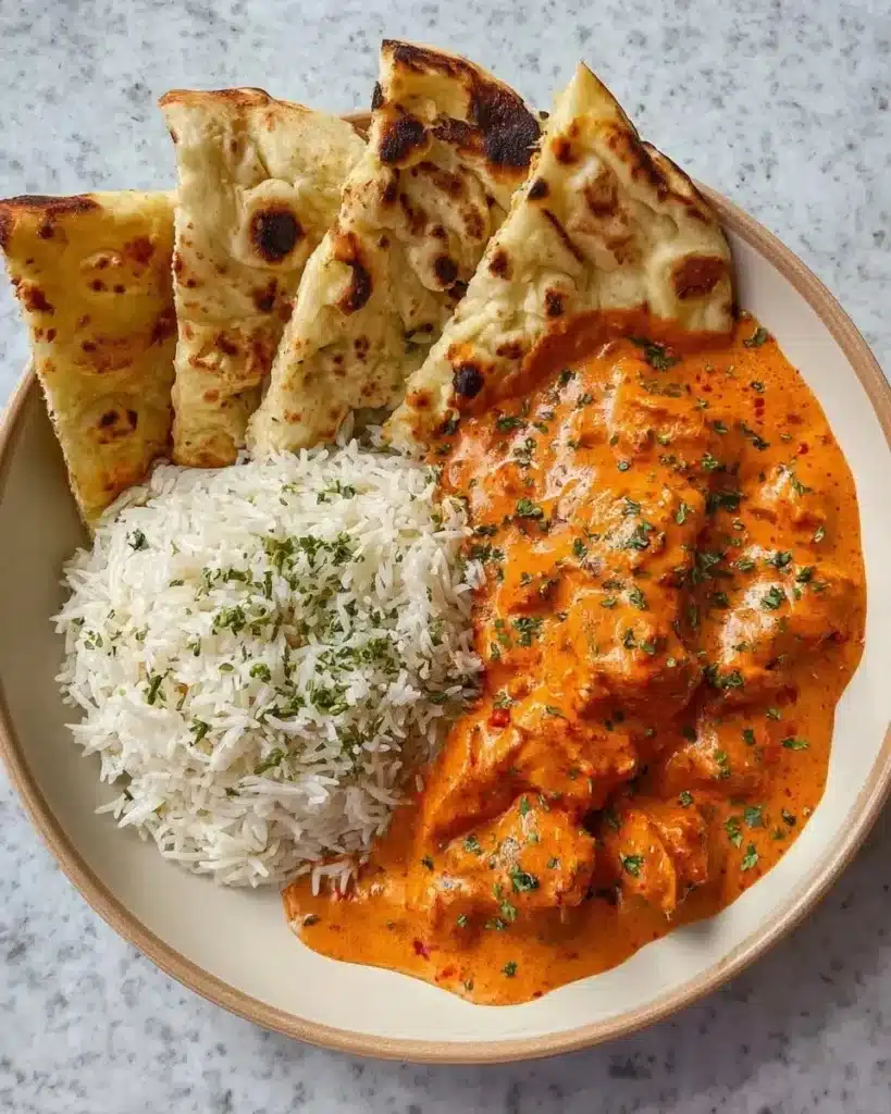 Delicious homemade butter chicken served with rice and naan