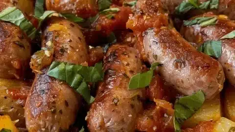 Delicious shakshuka with poached eggs, sausage, peppers, and feta cheese in tomato sauce