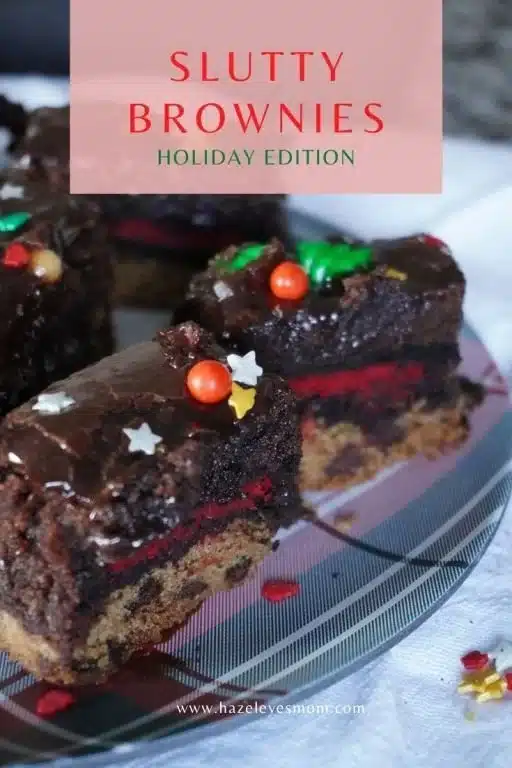 Slutty Brownies: Holiday Edition 1 Delicious homemade slutty brownies with layers of cookie dough and Oreos for the holidays.