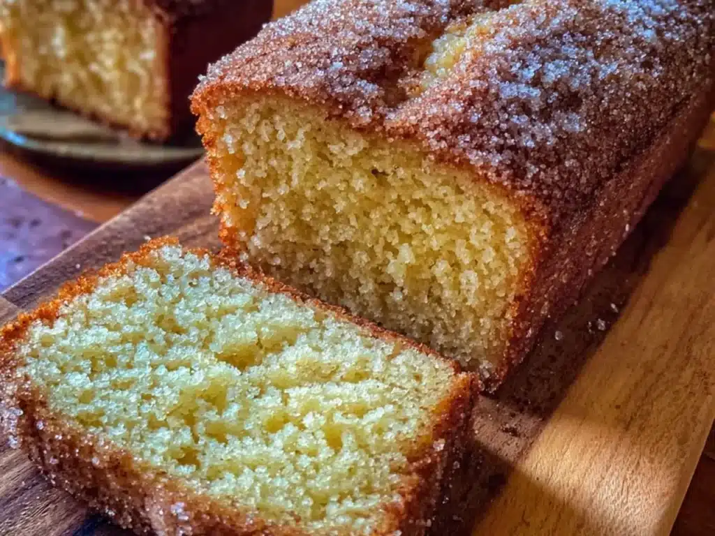 Delicious spiced apple cider donut loaf sliced and ready to enjoy.