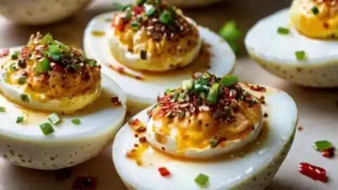 Spicy chili garlic deviled eggs served on a platter.