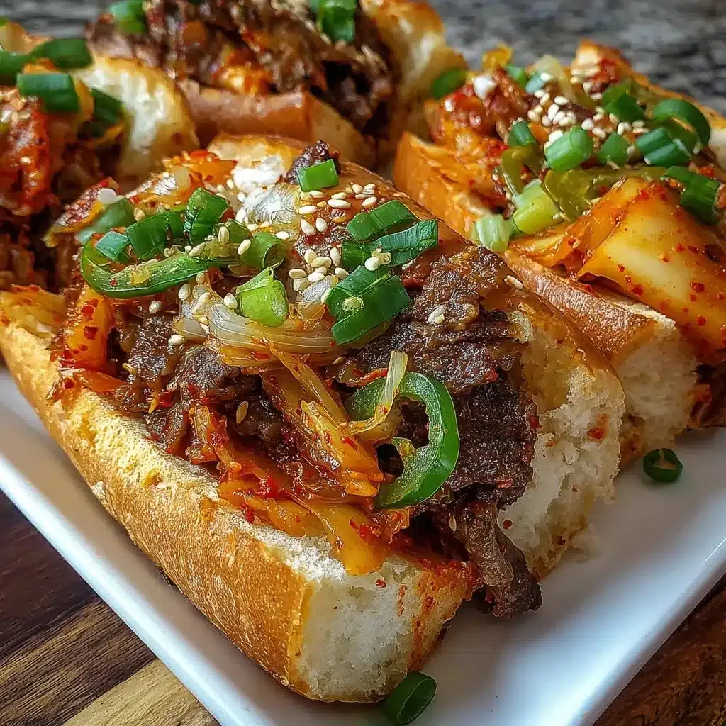 Spicy Kimchi Bulgogi Cheesesteak with colorful ingredients and savory toppings.