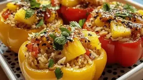 Teriyaki chicken stuffed peppers with pineapple and rice
