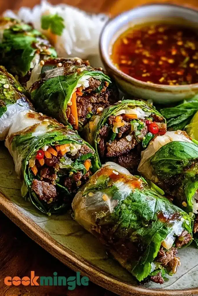 Delicious Thai Basil Beef Rolls garnished with fresh herbs