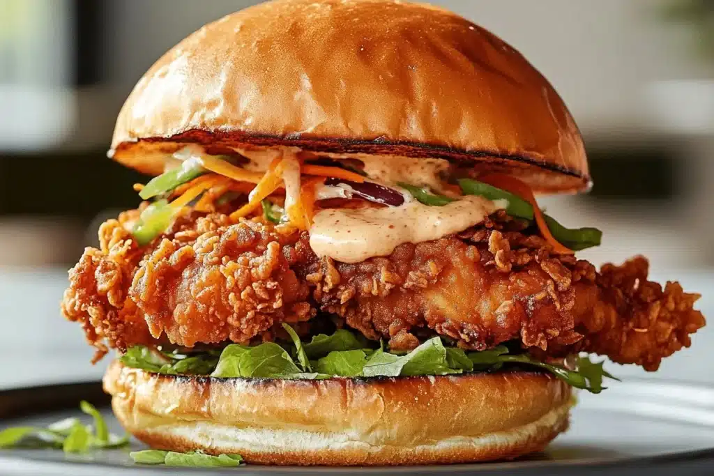 Delicious Thai Fried Chicken Sandwich served with fresh herbs and spicy sauce