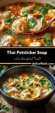 Bowl of Thai Potsticker Soup garnished with herbs and vegetables