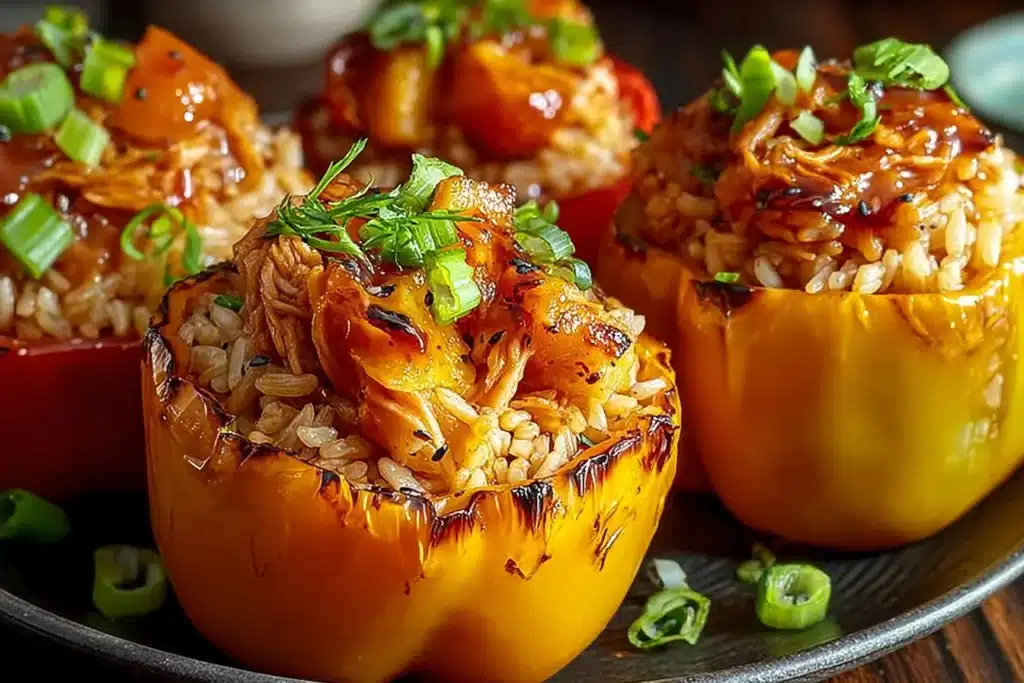 Delicious teriyaki pineapple chicken stuffed peppers served on a plate.