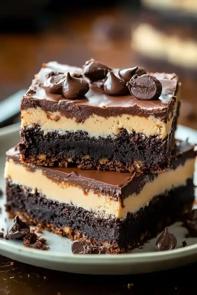 Decadent Triple Layer Brownies with rich chocolate and creamy layers.