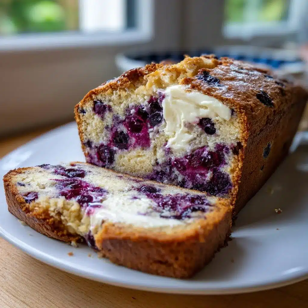 Ultra moist blueberry cream cheese bread with a creamy swirl on top