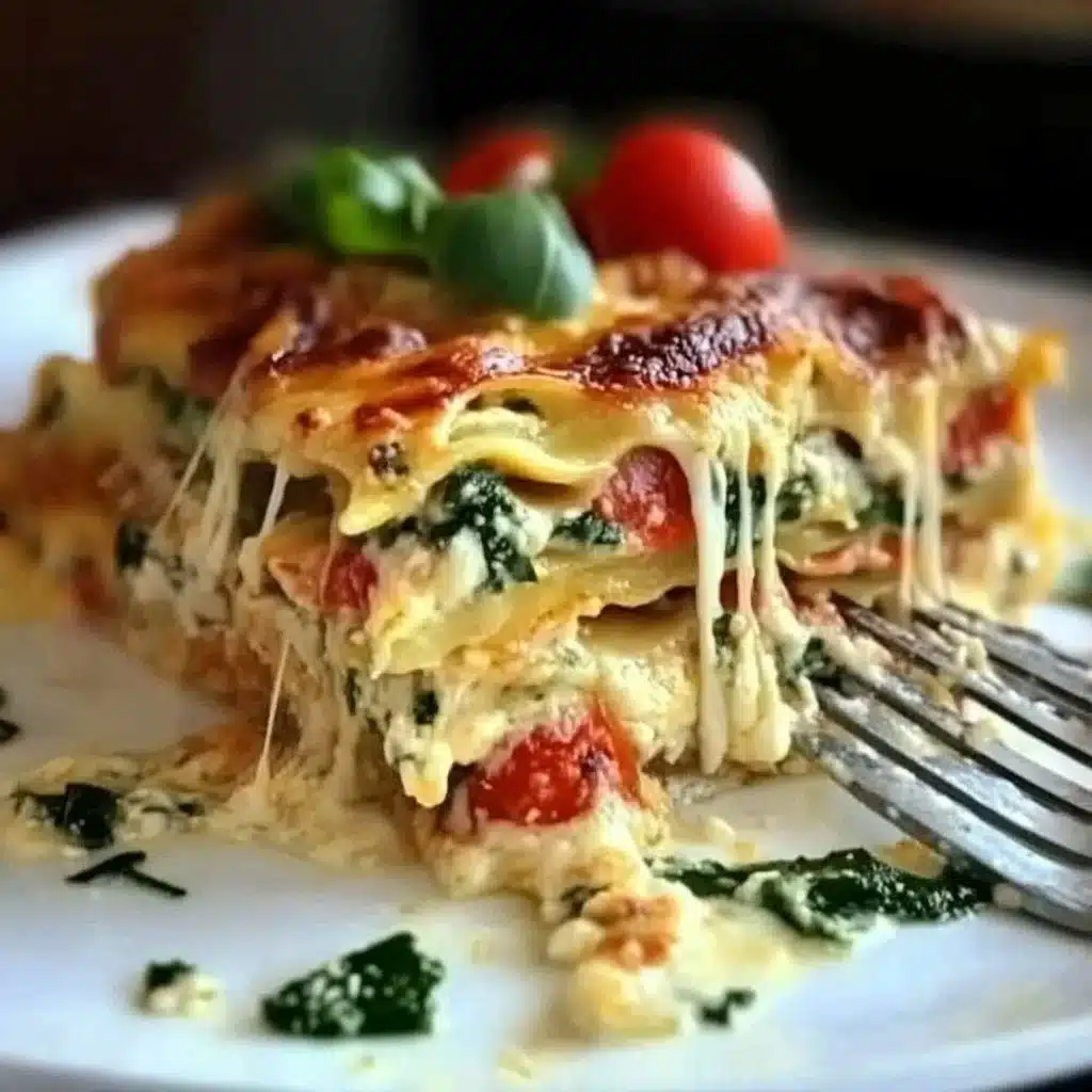 Delicious White Chicken Caprese Lasagna topped with fresh basil and mozzarella