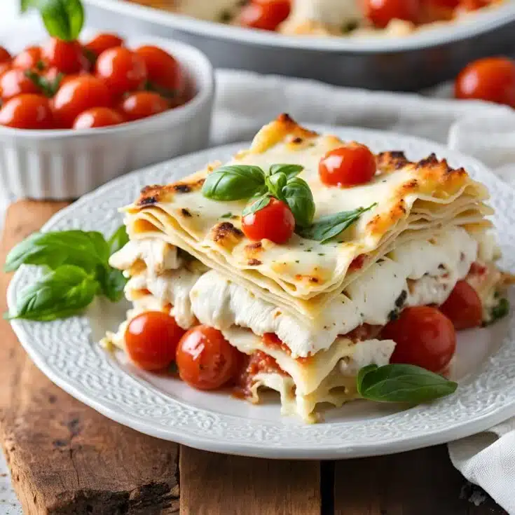 Delicious White Chicken Caprese Lasagna ready to serve