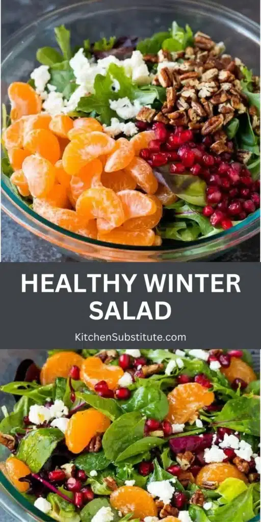 Colorful winter salad with kale, pomegranates, and citrus fruits in a bowl.