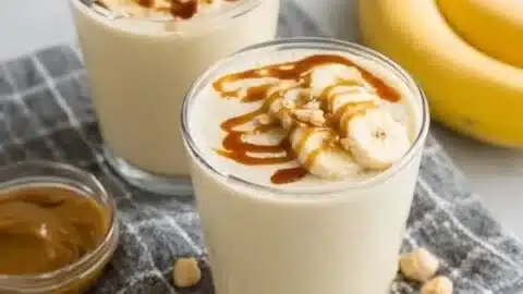 Banana and Peanut Butter Smoothie 2 Banana and peanut butter smoothie in a glass on a wooden table.