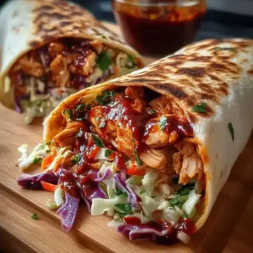 Delicious BBQ chicken wraps with fresh veggies and sauce