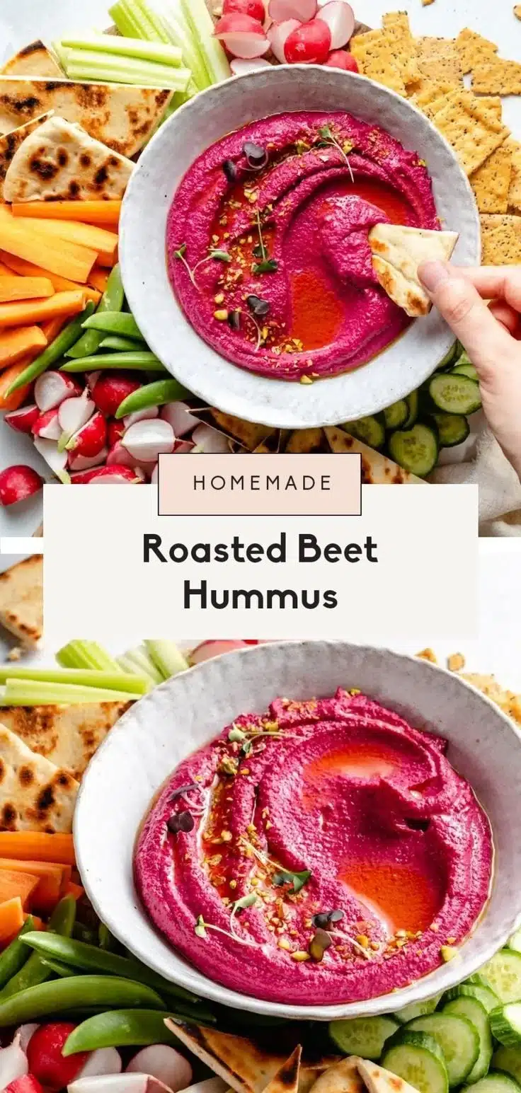 Beet Hummus 1 Vibrant beet hummus served in a bowl with fresh vegetables