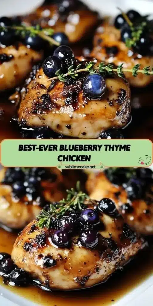 Plate of best-ever blueberry thyme chicken garnished with fresh thyme and blueberries