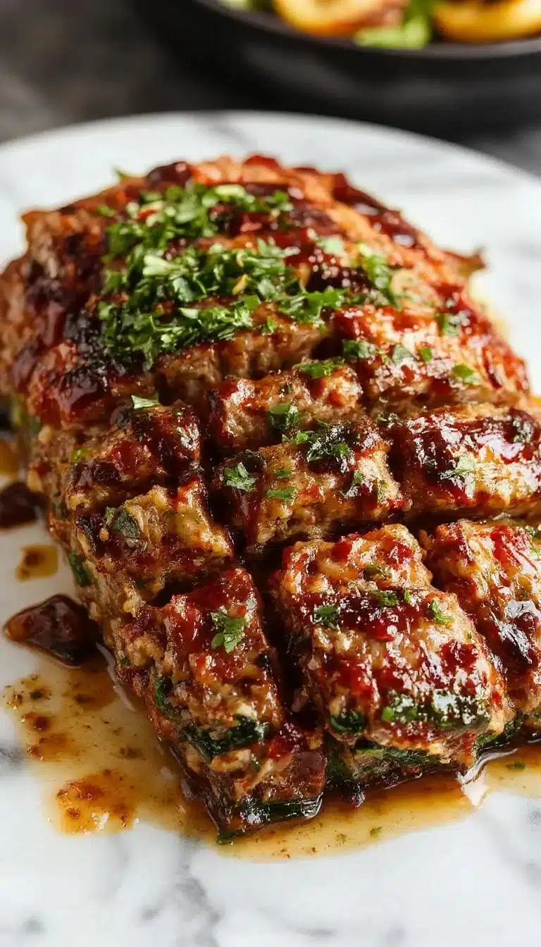 Bobby Flay's Delicious Vegetable Meatloaf with Balsamic Glaze 1 Bobby Flay's vegetable meatloaf drizzled with balsamic glaze on a plate