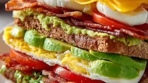 Delicious Breakfast Club Sandwich with eggs, bacon, and fresh vegetables.