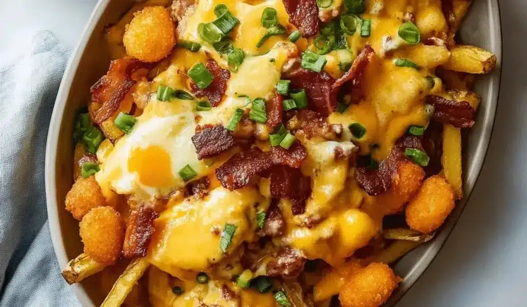 Delicious breakfast poutine with hollandaise sauce on top