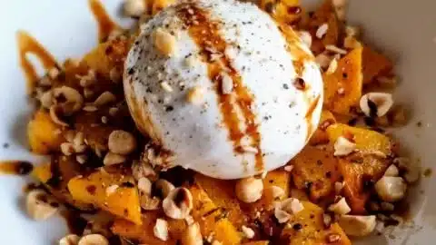 Burrata cheese served with roasted butternut squash and hazelnuts in a bowl.